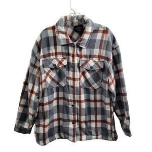 HFX Women's Fleece Gray & Brown Plaid Shacket Size M 12124-0632
